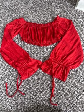Forever 21 Red/Orange Off-the-Shoulder Crop Top with Bishop Sleeves